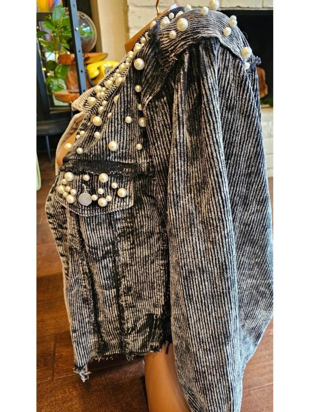 Bad Little Country Girl SZ M Corduroy Jean Jacket Beads Clear Studs BOHO - Picture 5 of 10